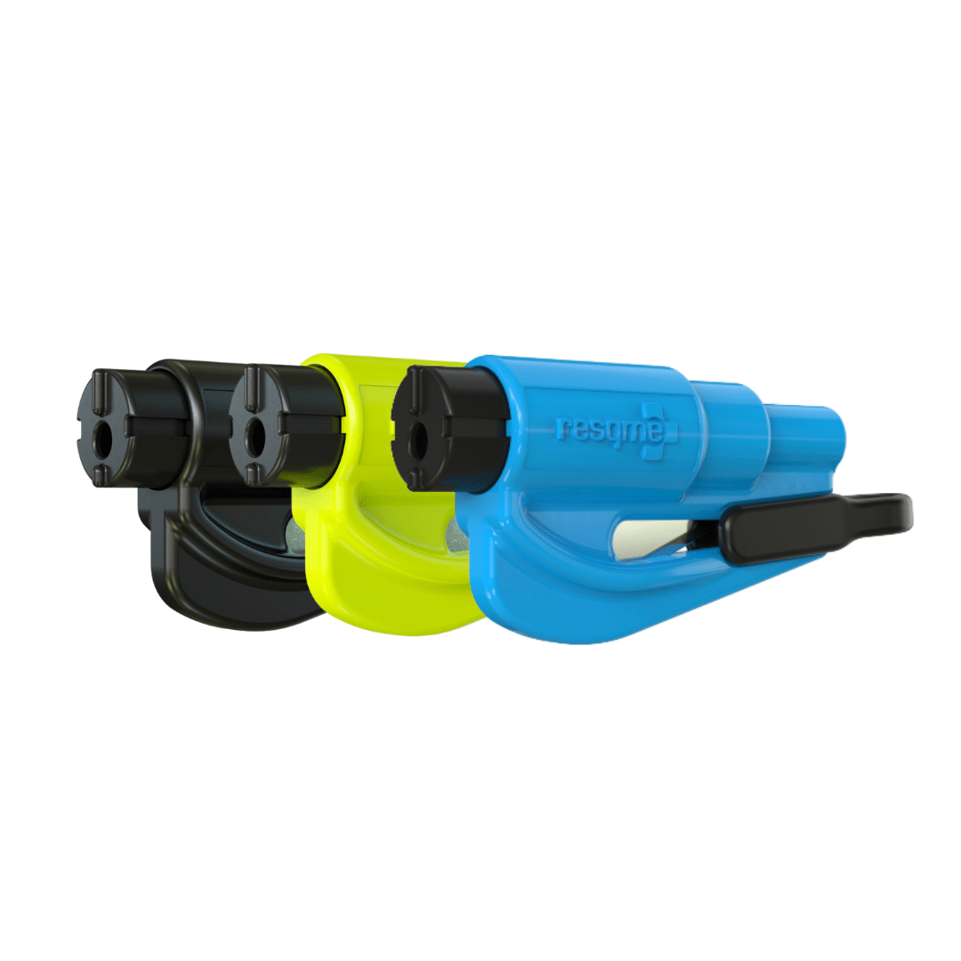 resqme® Car Escape Tool, Seatbelt Cutter / Window Breaker - Pack of 3 Black, Blue & Safety Yellow