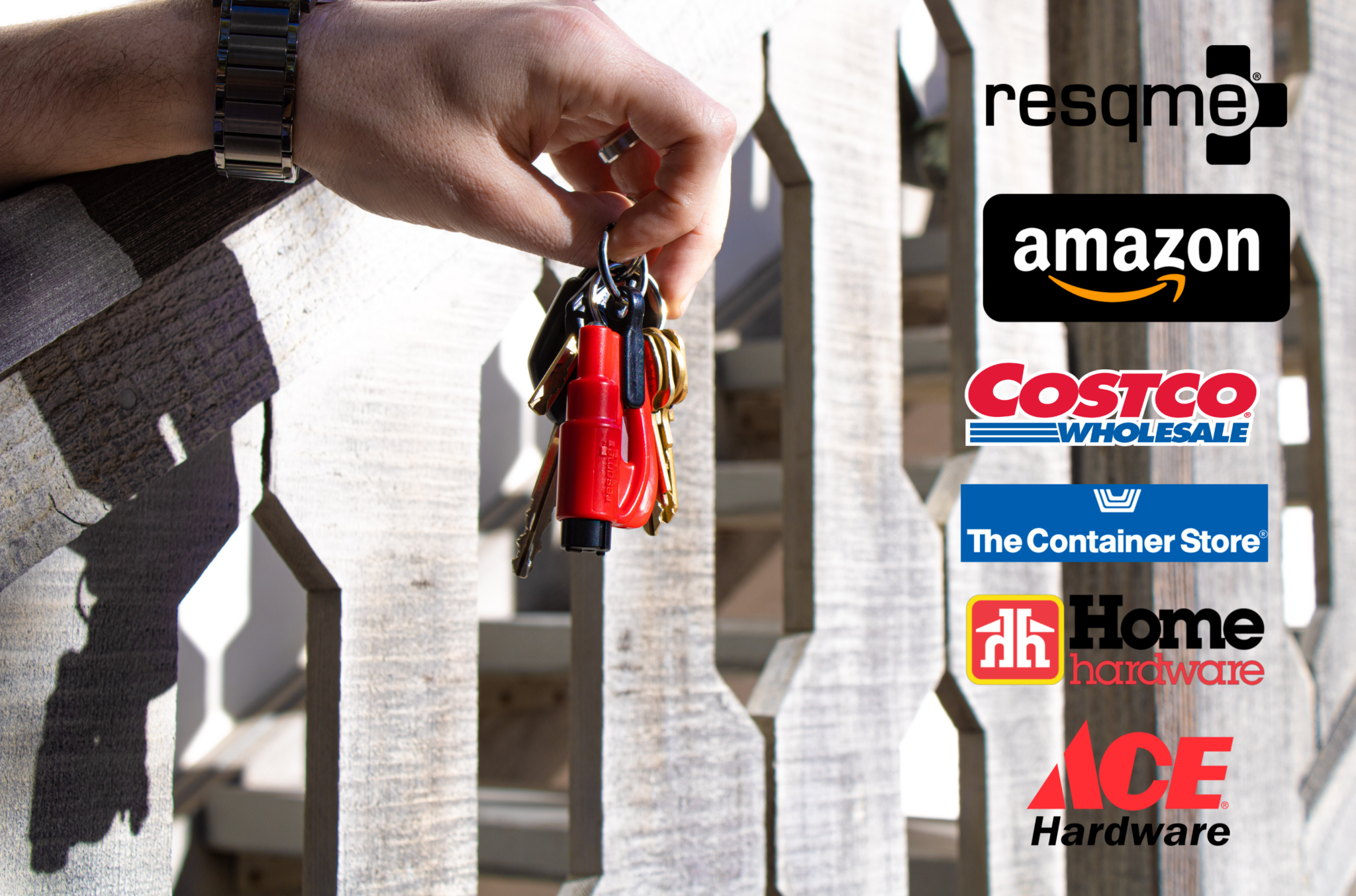 Male holding a red resqme attached to keychain. the right is the logos of stores that carry the resqme.